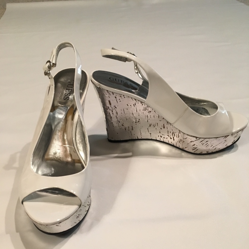 Guess White Patent Wedge Sandal